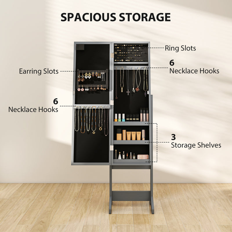 Freestanding Jewellery Cabinet With LED Lights And Full Length Mirror Storage Grey