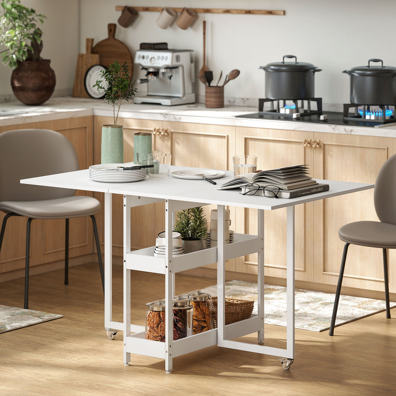 White Folding Drop Leaf Dining Table With Storage Shelves For Small Kitchens