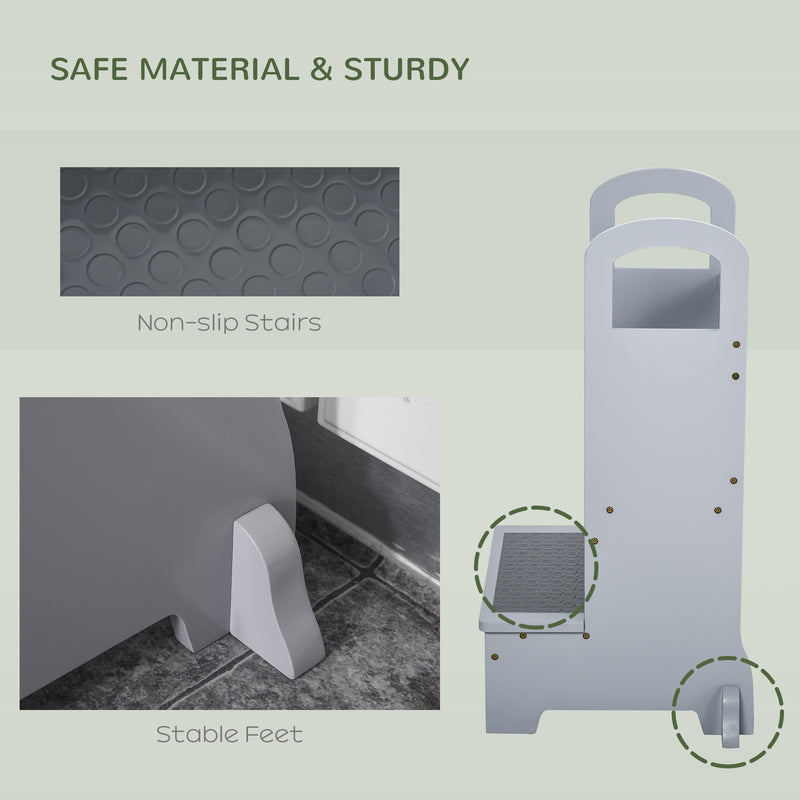 Grey Wooden Kids Step Stool with Non Slip Handles for Kitchen Help Ages 3 to 8 Years