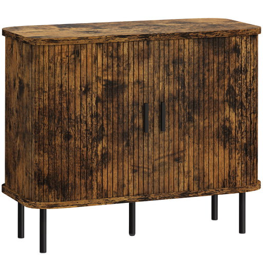 Mid Century Sideboard Storage Cabinet With Sliding Doors And Steel Legs For Kitchen, Rustic Brown