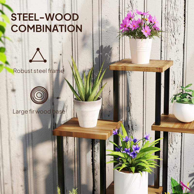 7 Tier Tall Plant Stand for Indoor and Outdoor Use Carbonised Wood and Steel by Outsunny