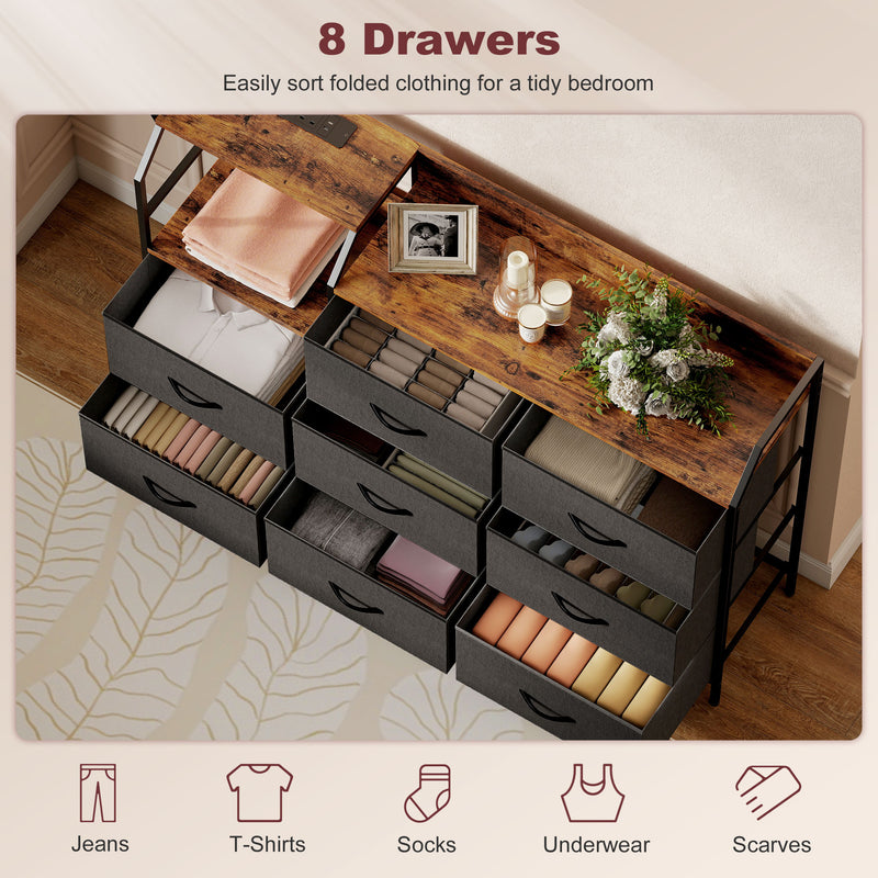 8 Drawer Chest with Built In USB Charging - Fabric Drawers - Stylish Storage For Bedroom or Office - Brown & Black