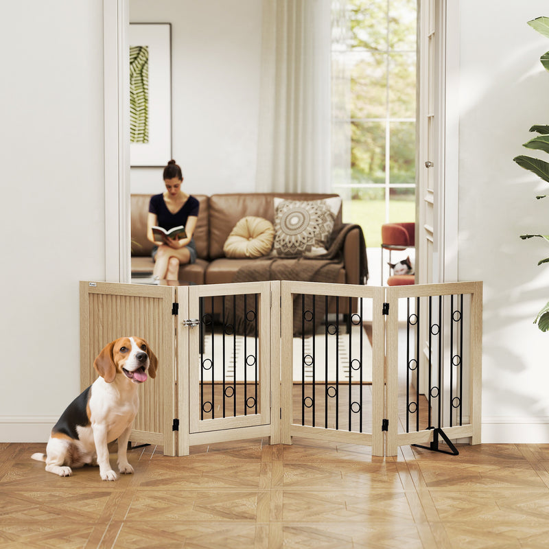 4 Panel Freestanding Pet Gate with Lockable Door and Support Feet for Indoor Use Oak AOSOM