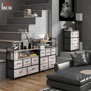 Tall Chest of 7 Fabric Drawers with Wood Effect Finish for Bedroom Storage Grey