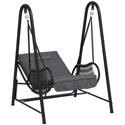 Dark Grey Rattan Hanging Swing Chair With Stand and Cushion for Garden and Balcony by Outsunny