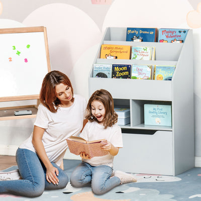 Kids Bookshelf and Toy Organiser with Storage Drawer and Wheels for Playroom, Grey