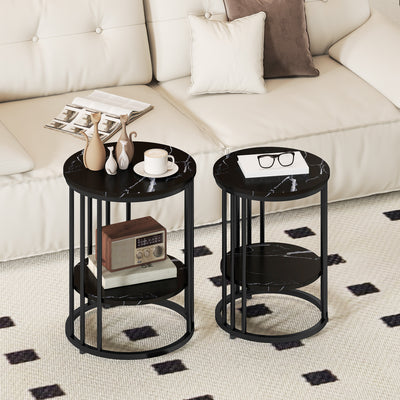 Round Coffee Tables for Living Room Set of 2 - Black Marble Effect Tops Homcom