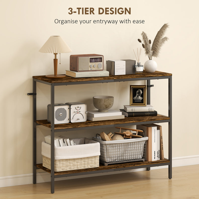 3 Tier Console Table with Open Storage Shelves Ideal for Hallway or Living Room, Rustic Brown