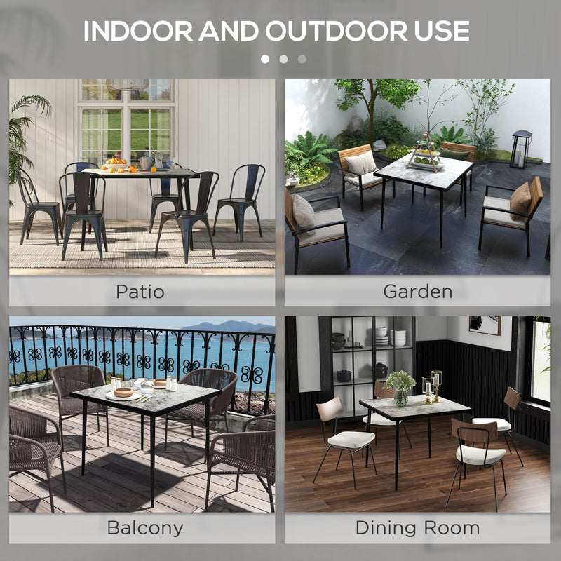 Grey Square Garden Table For 4 With Marble Effect Glass Top And Steel Frame Patio Use