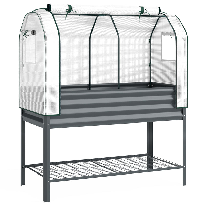 Raised Garden Planter With Greenhouse Cover And Tool Shelf For Easy Gardening Dark Grey Outsunny