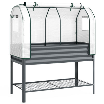 Raised Garden Planter With Greenhouse Cover And Tool Shelf For Easy Gardening Dark Grey Outsunny