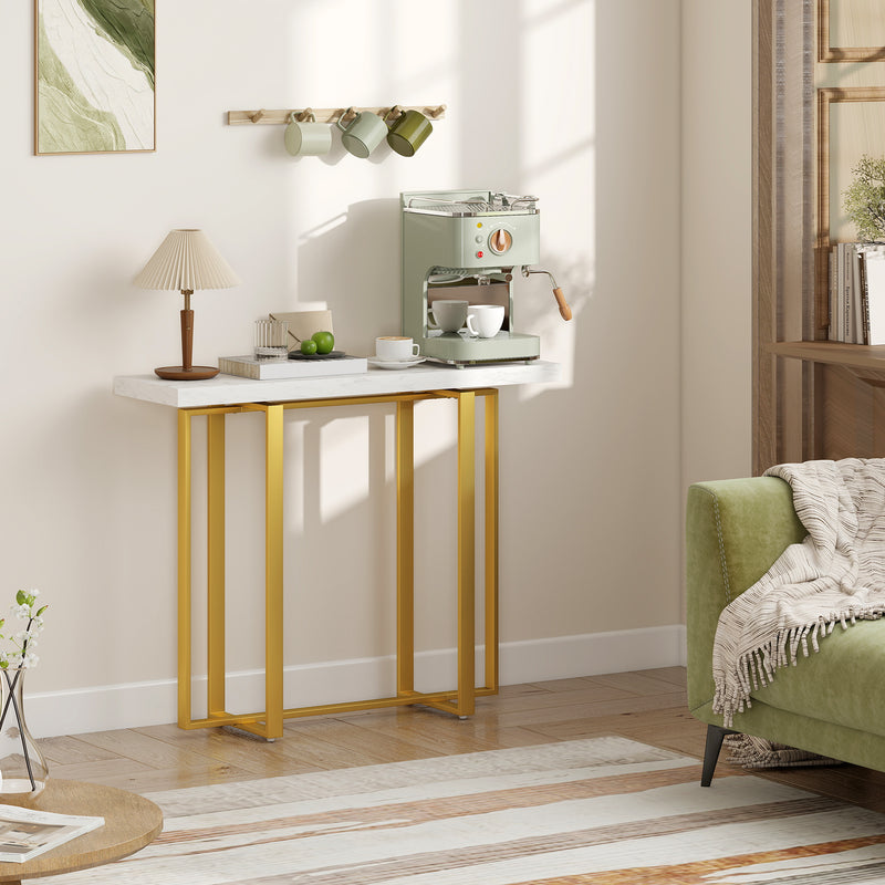 Narrow Console Table with Faux Marble Top and Steel Frame for Hallway Use White AOSOM