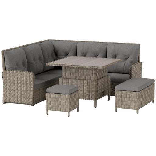 6 Seater Rattan Garden Sofa Set With Cushions and Liftable Table Light Grey by Outsunny