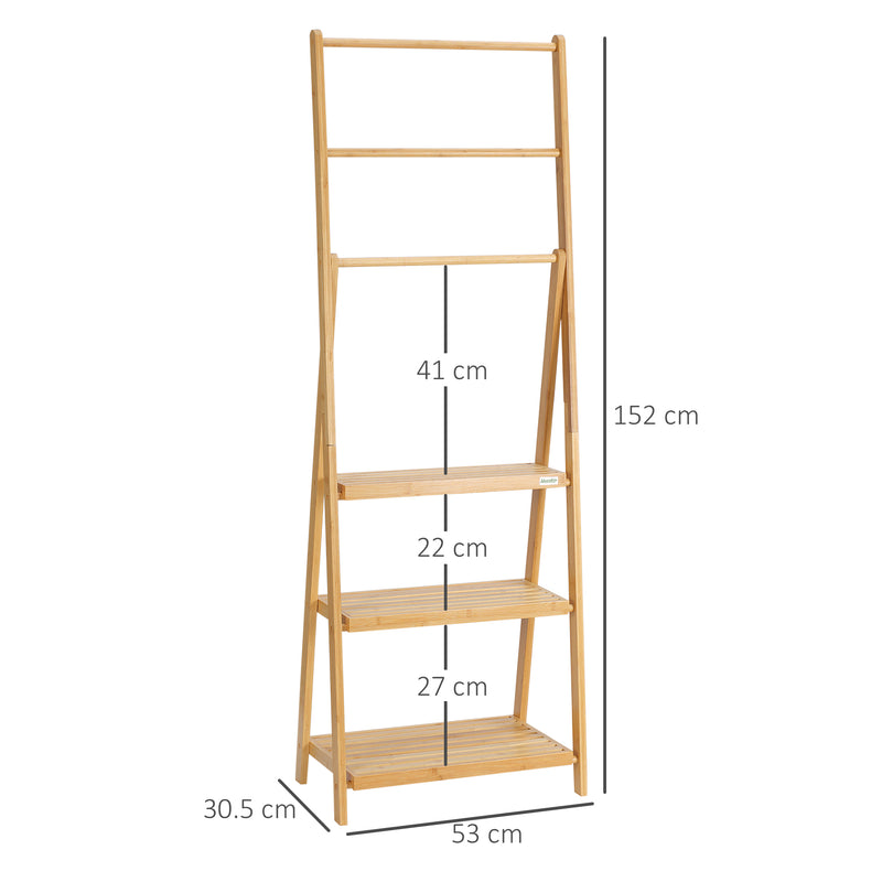 Freestanding Bamboo Towel Rack with Shelves Foldable Space Saver for Bathroom, Natural