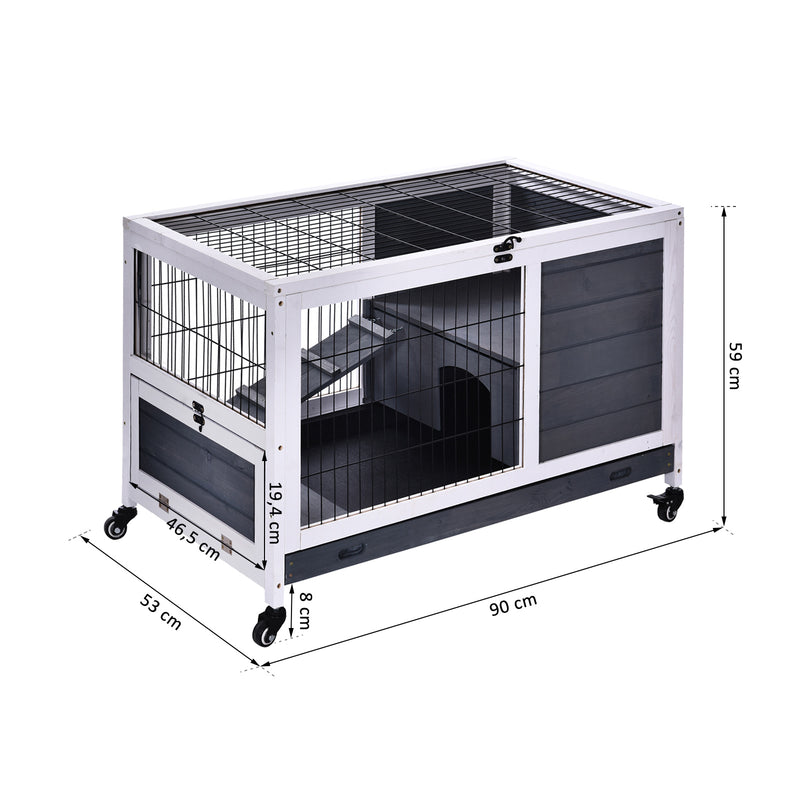 Indoor Wooden Rabbit Hutch with Lift Top for Guinea Pigs and Small Pets, Grey and White