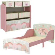 Toddler Bed Frame with Storage Shelf and 6 Fabric Bins for Kids Aged 3 to 6 Years Pink AOSOM