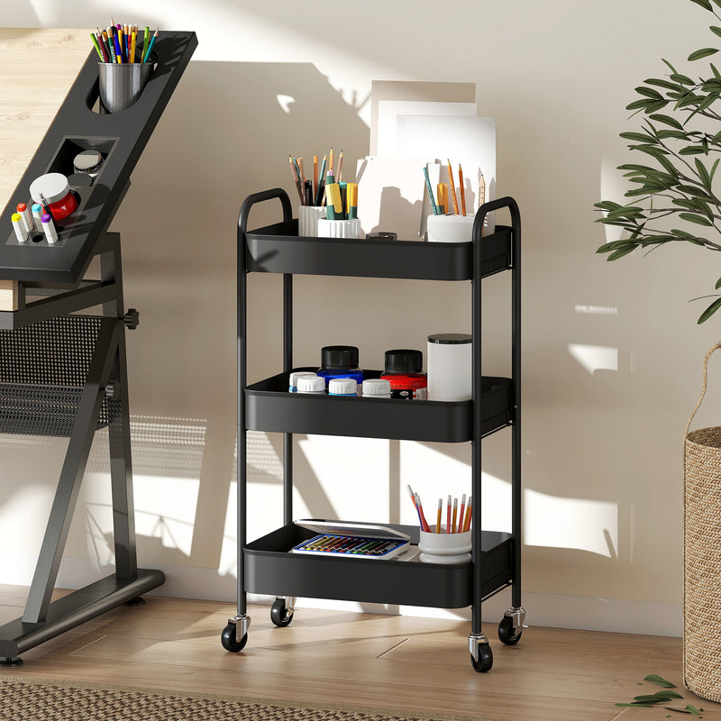 Three Tier Steel Storage Trolley With Lockable Wheels For Home Or Office Use Black