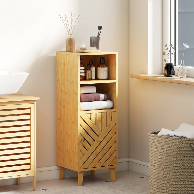 Slim Freestanding Bathroom Cabinet With Bamboo Door And Open Shelves For Storage, Natural Wood Finish