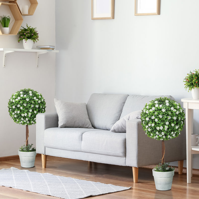 Set of 2 Artificial Topiary Trees with White Roses 60cm for Indoor and Outdoor by HOMCOM