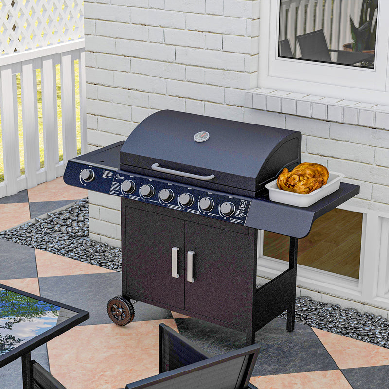 6 Burner Gas BBQ Grill with Side Burner - Thermometer and Storage Shelf for Outdoor Cooking Grey Outsunny