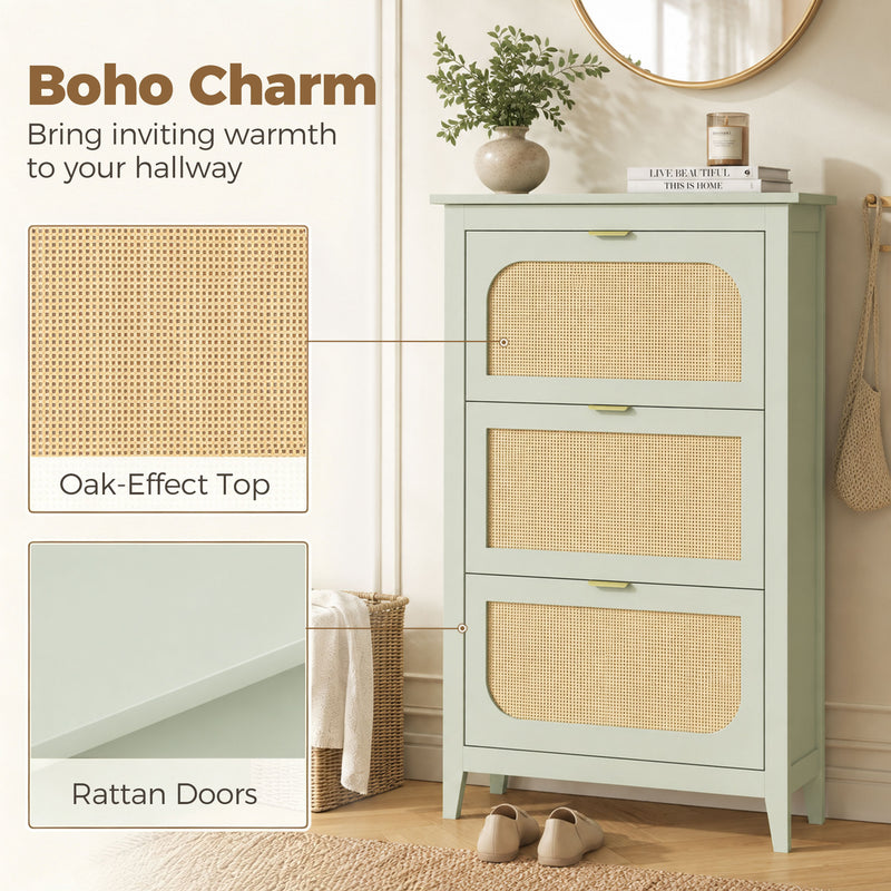 Slim Shoe Cabinet for Hallway Storage with 3 Flip Drawers and Adjustable Shelves Light Green