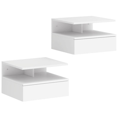 Floating Bedside Cabinets Set of 2 with Drawer and Shelf Space Saving Storage White AOSOM