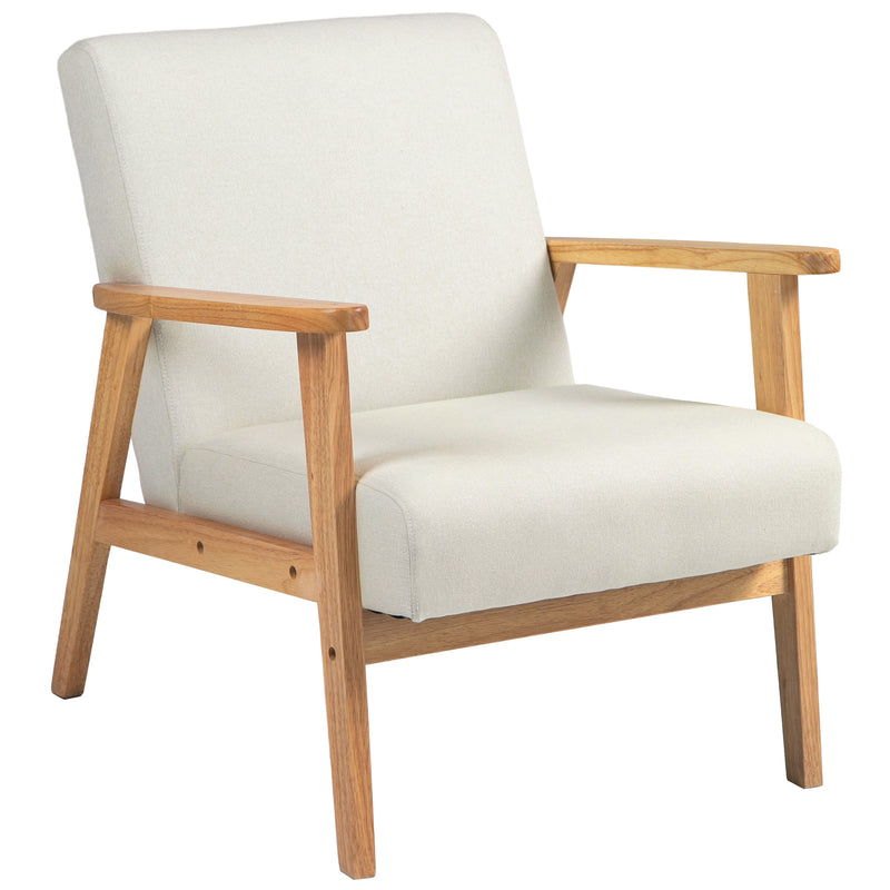 Fabric Armchair with Padded Cushion and Wooden Frame for Living Room Comfort Cream White