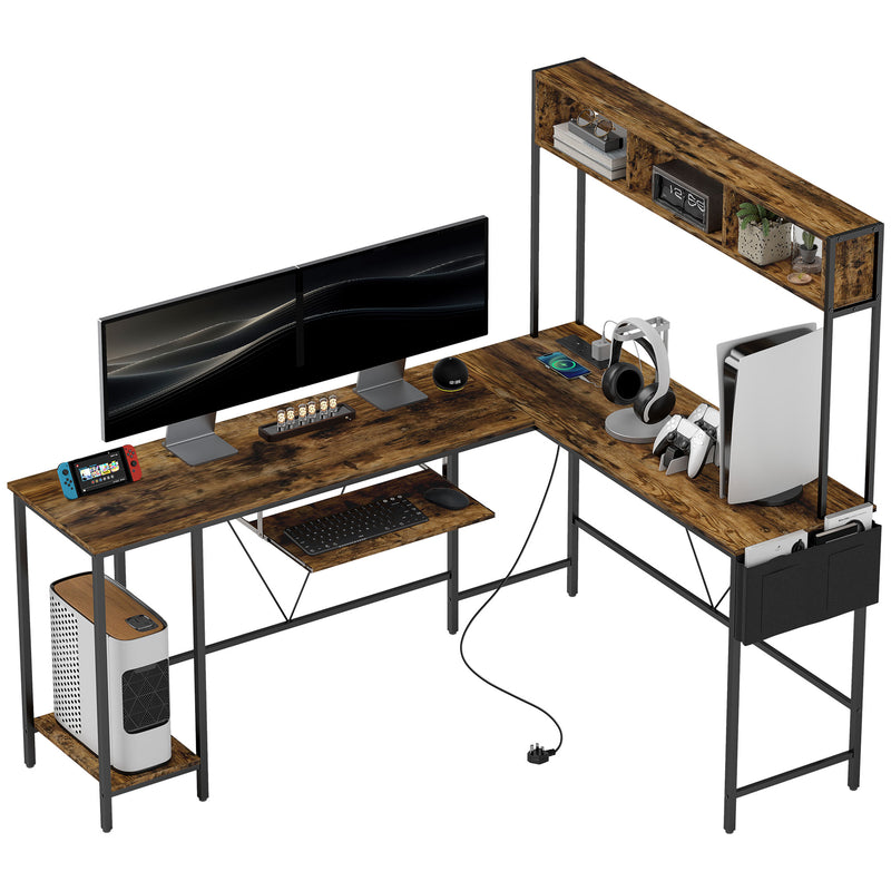 Rustic Brown L Shaped Computer Desk with Power Outlet and Storage for Two Person by HOMCOM