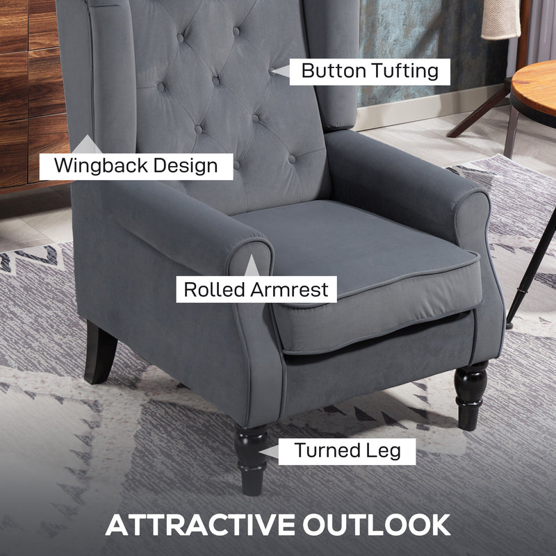 Grey Wingback Accent Chair With Button Tufted Backrest For Living Room Or Bedroom Use