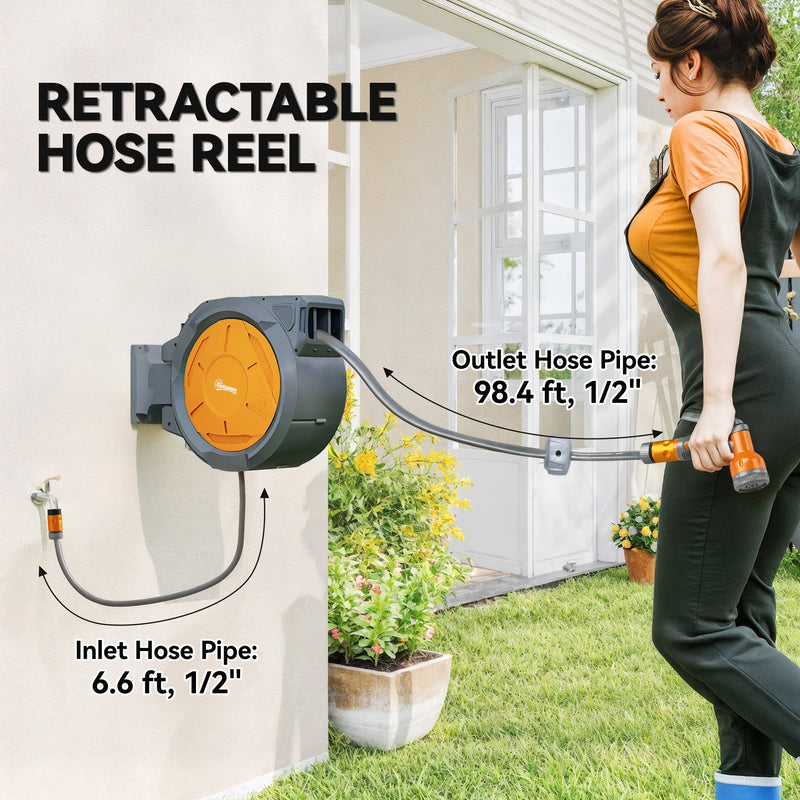Wall Mounted Retractable Garden Hose Reel 30m With Auto Rewind And Spray Nozzle Orange AOSOM