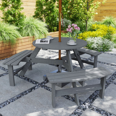 6 Seater Round Wooden Picnic Table With Benches and Parasol Hole for Garden and Patio Grey by Outsunny Outsunny