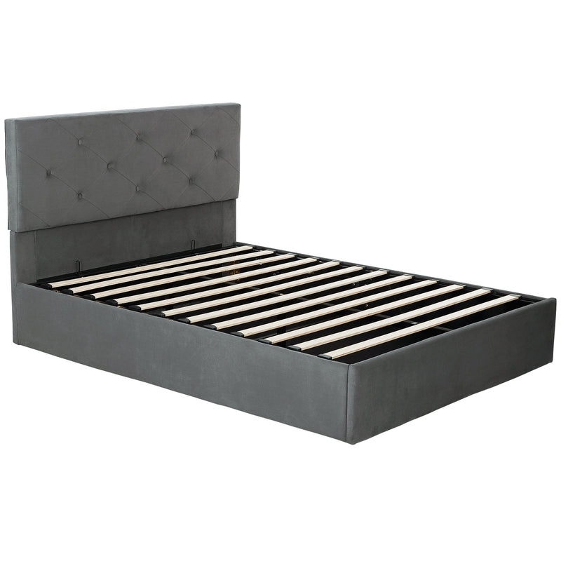 Ottoman King Size Bed Frame With Lift Up Storage & Velvet Headboard for Organised Bedrooms, Dark Grey Homcom