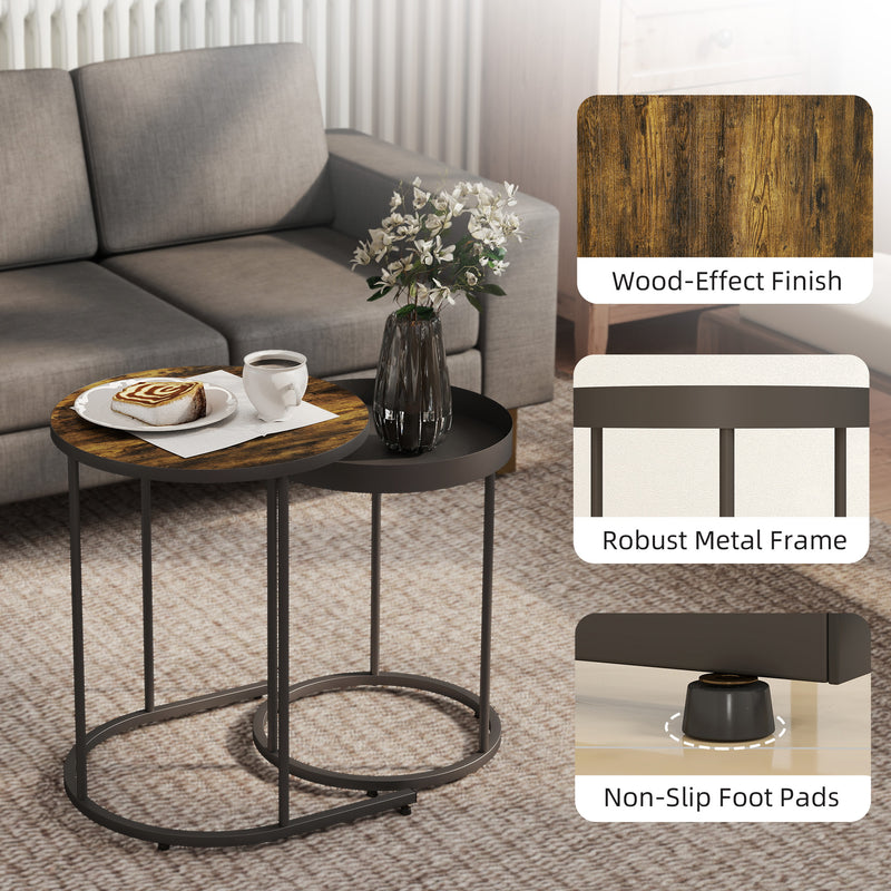 Set of 2 Round Nesting Side Tables with Space Saving Design for Living Room Rustic Brown