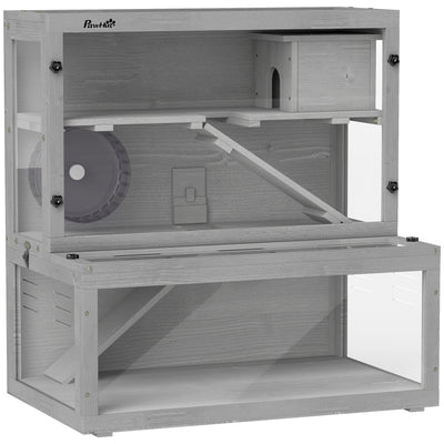 Wooden Hamster Cage With Wheel Ramps and Removable Panels for Small Pets Grey AOSOM