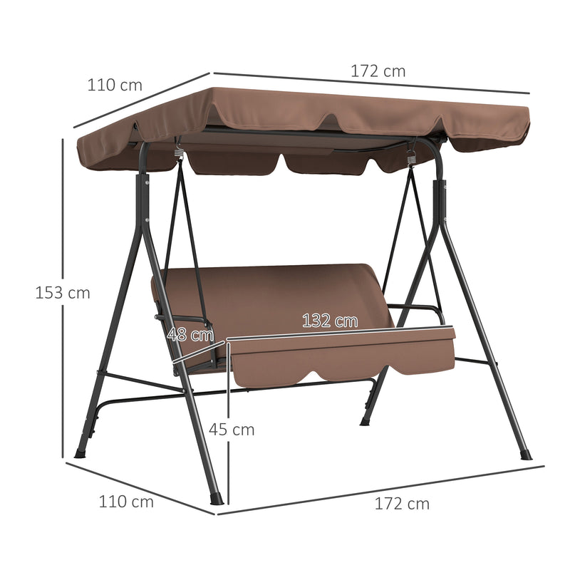 3 Seater Garden Swing Chair with Adjustable Canopy and Cushions for Outdoor Relaxing Brown