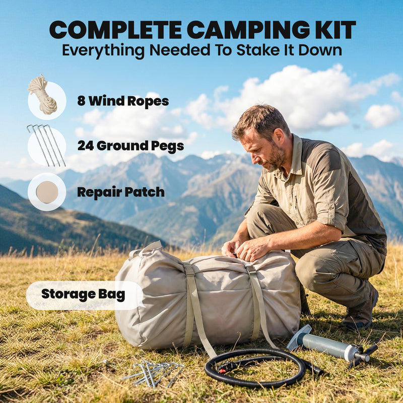 Man unpacking a complete camping kit with mountains in the background