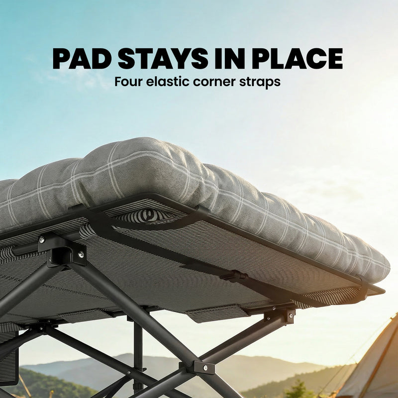 Folding Camping Bed with Extra Wide Surface and Padded Topper for Comfortable Sleep Grey