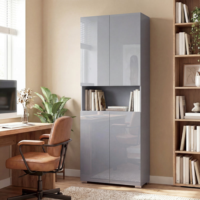 Tall Cupboard For Kitchen Storage with Adjustable Shelves and Soft Close Doors Modern Grey High Gloss 68x34x180cm