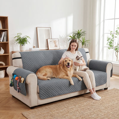 Waterproof 3 Seater Sofa Cover with Armrest Pockets for Pet and Child Protection Grey AOSOM