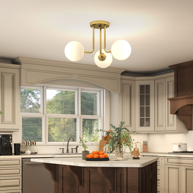 Modern 3 Light LED Ceiling Light with Globe Shades for Living Room and Bedroom Gold Tone