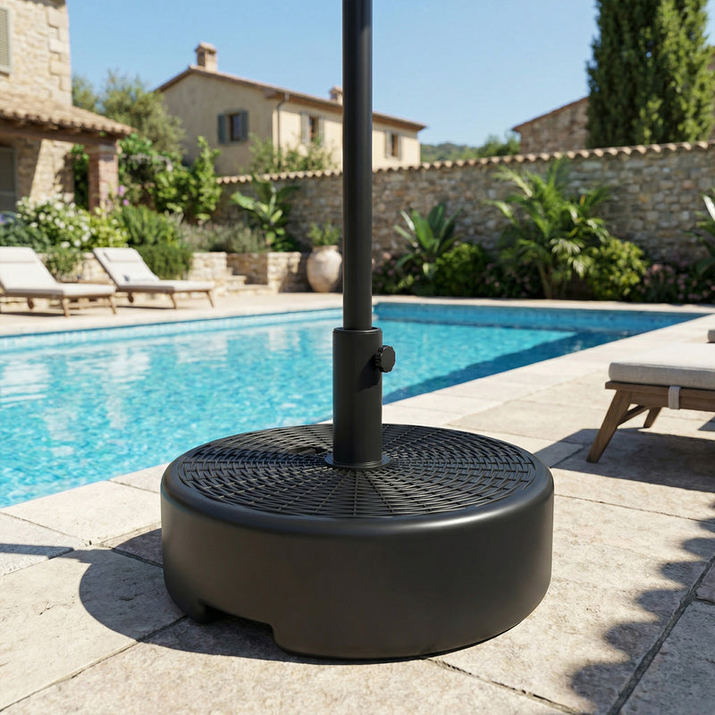 Fillable Parasol Base for Garden Umbrellas with Secure Support For 38-48mm Poles, Black Rattan Style Finish