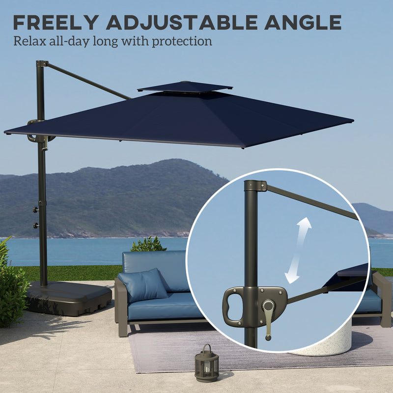 Dark Blue Cantilever Parasol with Weighted Base Square Hanging Umbrella with Crank Tilt by Outsunny