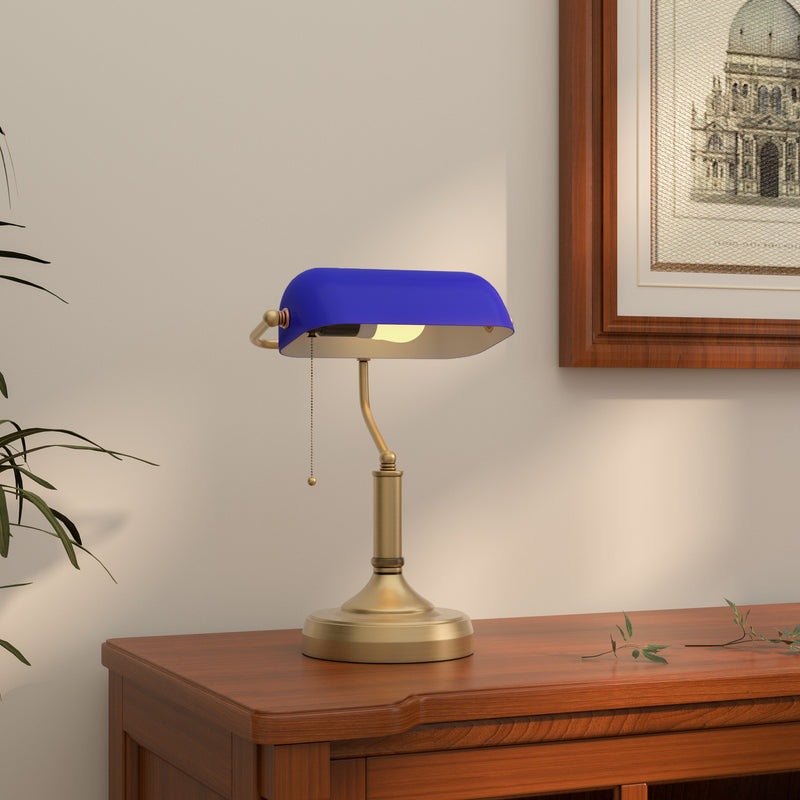 Antique Style Bankers Desk Lamp with Glass Shade Ideal for Home Office Lighting, Blue