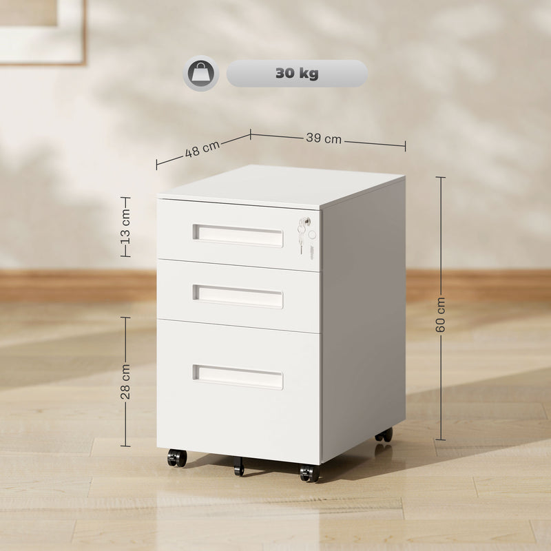 White Metal Mobile Filing Cabinet with Lockable 3 Drawers and Wheels for Home Office by Vinsetto