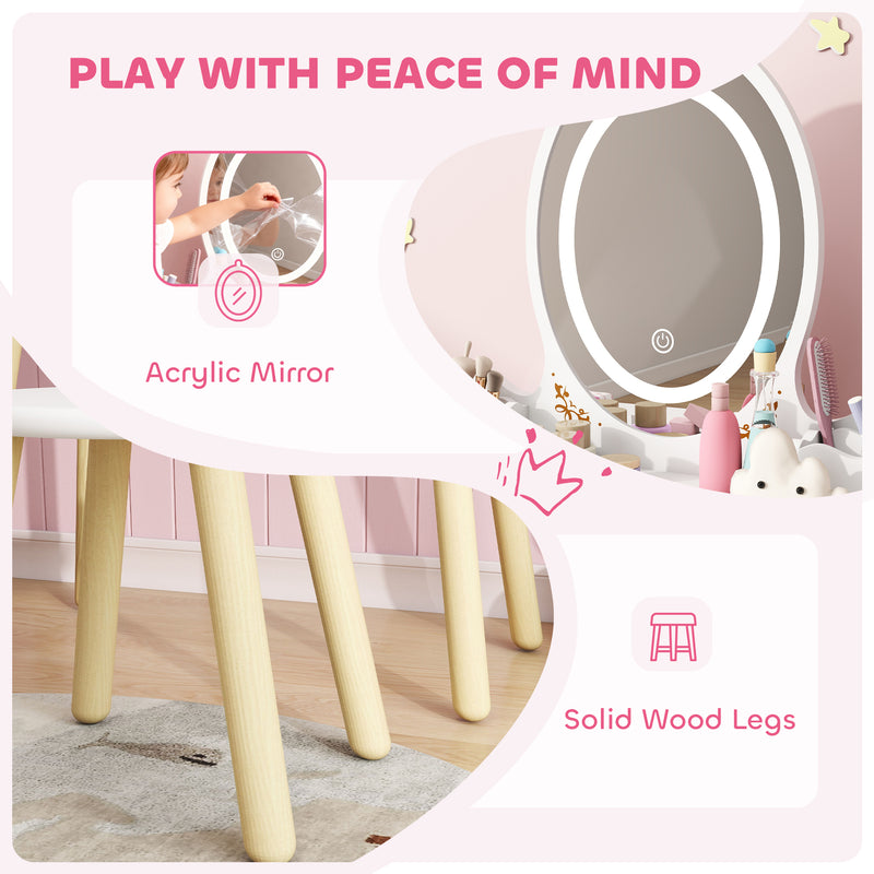 Kids Vanity Table and Chair Set with LED Mirror and Storage for Ages 3 and Up White AOSOM