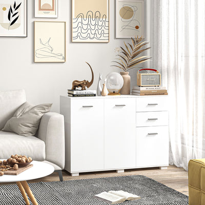 Modern Sideboard Storage Cabinet With Drawers and Adjustable Shelves for Kitchen White