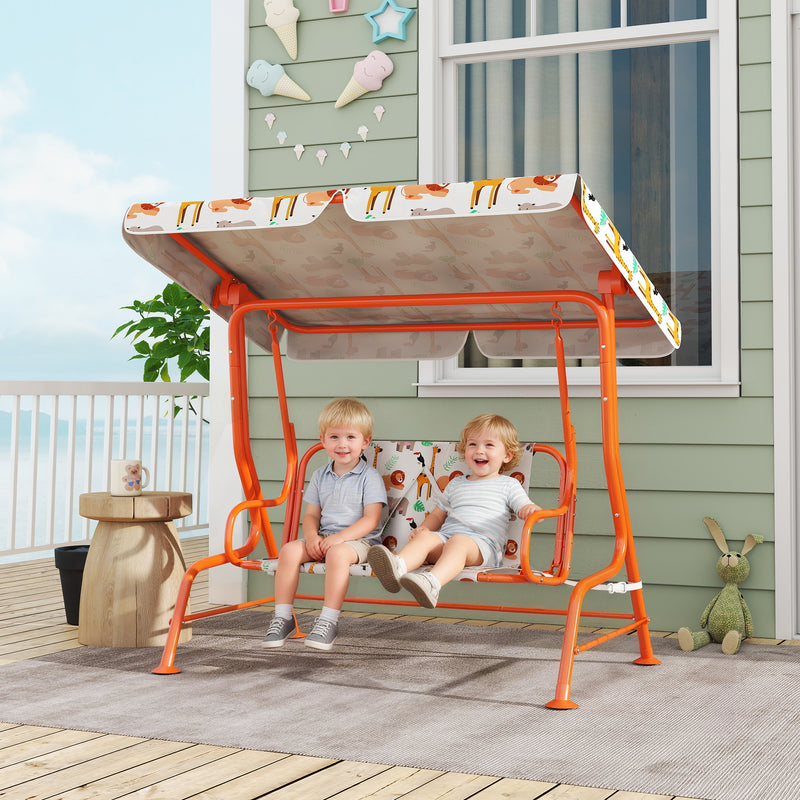 2 Seater Kids Garden Swing Bench With Adjustable Canopy And Safety Belts, Orange Aiyaplay