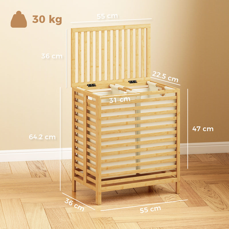 Double Laundry Basket With Removable Bags and Top Shelf for Easy Sorting Natural Bamboo Cream
