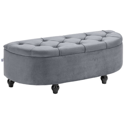 Velvet Feel Half Moon Storage Ottoman Seat With Hidden Compartment, Dark Grey