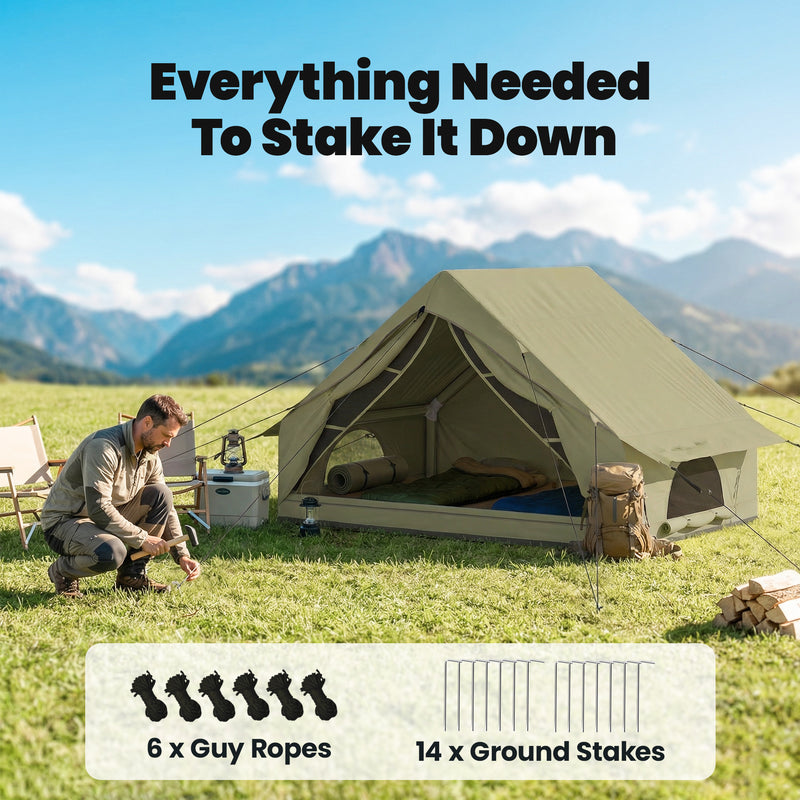 Inflatable Camping Tent With Pump, Waterproof 420D Oxford, 2–4 Person, Army Green